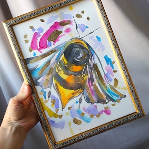 Honey bee painting watercolor original framed bee illustration home decor wall art gift Wildlife painting