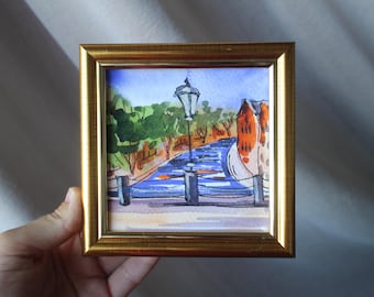 Amsterdam watercolor painting 4x4 original framed sketch Holland in Small Painting Wall Art Decor