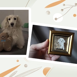 Peut inclure: Un chien blanc et duveteux est assis &agrave; c&ocirc;t&eacute; d'un jouet en peluche en forme de bonhomme en pain d'&eacute;pices. Une petite peinture encadr&eacute;e repr&eacute;sente le m&ecirc;me chien et le bonhomme en pain d'&eacute;pices. La peinture a un cadre dor&eacute;.