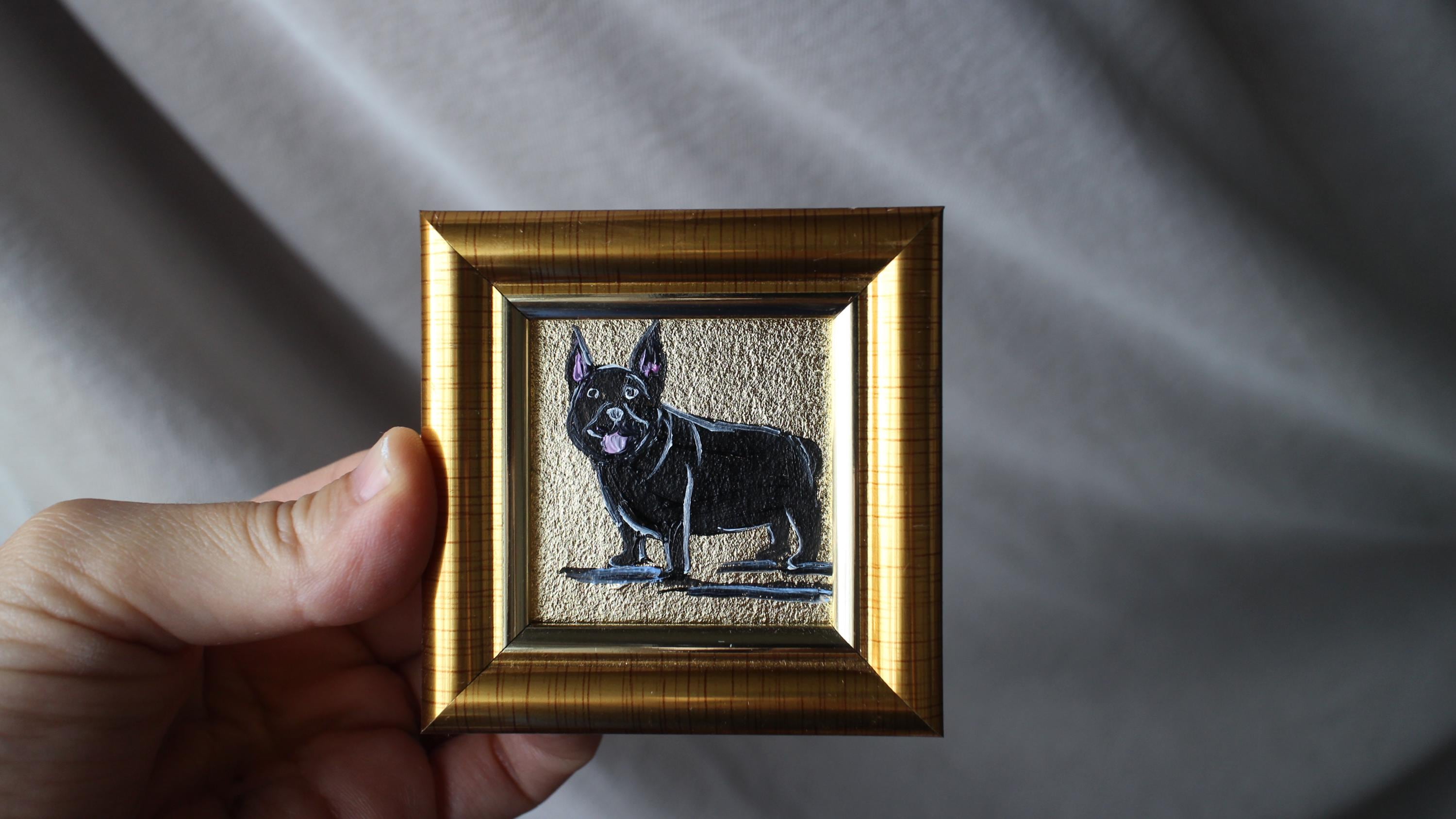 額装済みフレンチブルドッグ油絵：オリジナル犬の肖像画（2×2インチ