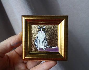 The cat black white oil Painting with gold leaf 2x2 original painting framed Black cat painting original framed