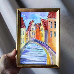 Bruges canal bridge cityscape sketch Belgium watercolor painting original framed Belgium city street watercolor painting gallery wall