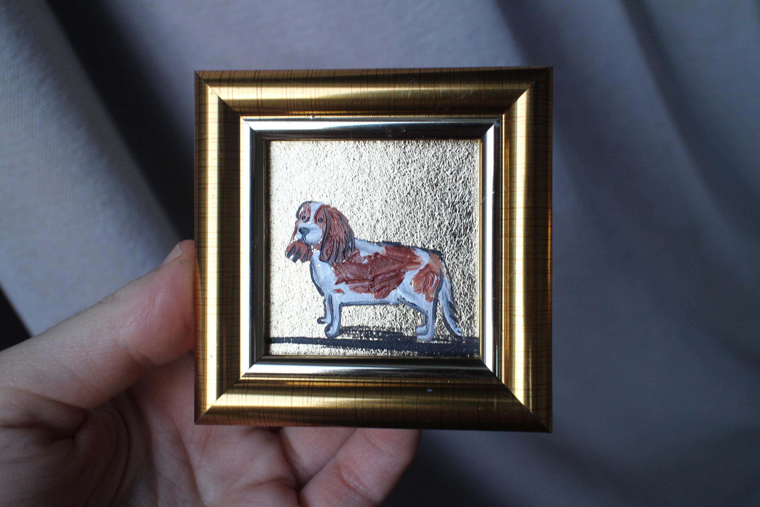 King Charles cavalier oil painting with gold leaf original framed 2x2 dog Oil painting puppy painting Dog Portrait