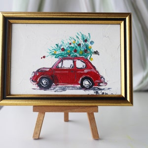 Dipinto ad olio Auto di Natale incorniciata, Carta di Natale dipinta a mano originale, auto retrò rossa Albero di Natale, regalo di Natale, Saluto