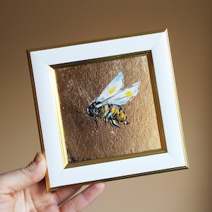 Honeybee oil painting with gold leaf original framed 4x4 Abstract oil Painting Bee painting Small oil painting Gold Leaf art Gift for Her