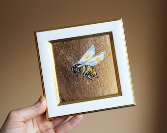 Honeybee oil painting with gold leaf original framed 4x4 Abstract oil Painting Bee painting Small oil painting Gold Leaf art Gift for Her