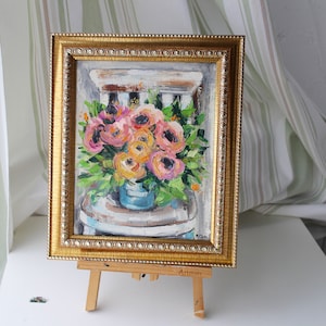 Floral art pink anemone peonies bouquet on chair oil painting original framed painting flowers small Oil painting