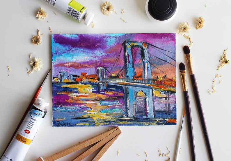 Oil painting New York Verrazzano-Narrows Bridge oil Painting framed original Manhattan Wall Art Decor Manhattan New York America Painting