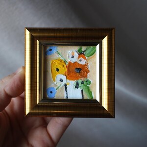 Roses Small floral oil painting framed 2x2 original miniature magnet in flower Handmade Still life painting Original Painting Bouquet