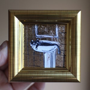 Gato negro en el lavabo con pan de oro Pintura al óleo con pan de oro 2x2 cuadro original enmarcado Cuadro de gato negro original enmarcado