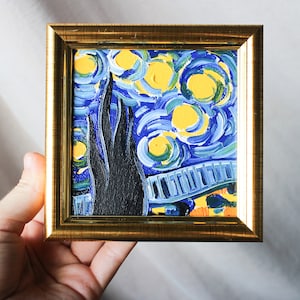 Vincent van Gogh-Sterrennacht-schilderij 4 x 4 minischilderij Van Gogh Beroemdste handgeschilderde gestaarde nacht ter wereld