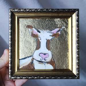 Sweet cow face portrait oil Painting original framed gold leaf 4x4 painting original framed illustration home decor wall art