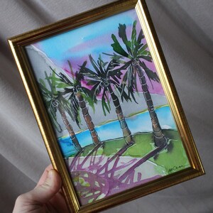 Hawaii Painting Beaches watercolor painting original framed Seascape Tropical Palm Tree sunshine filled weekend image 2