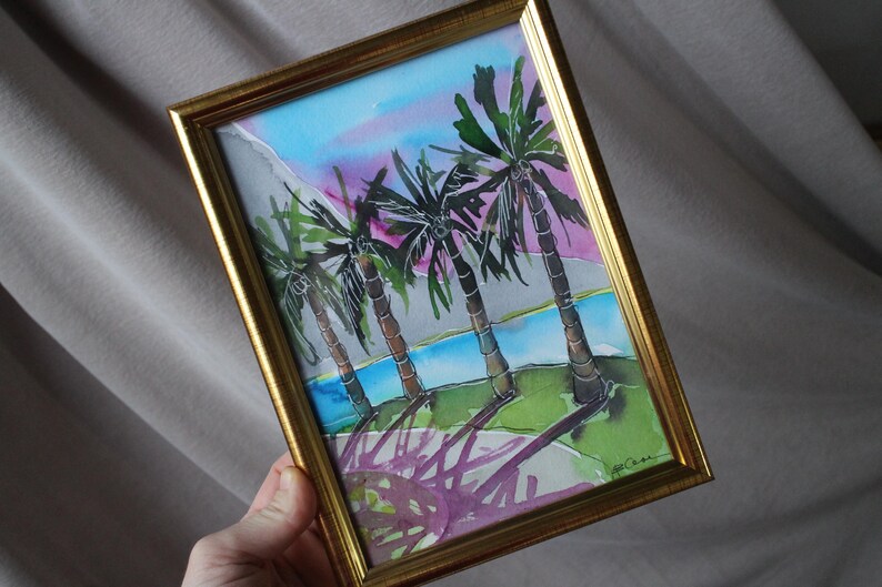 Hawaii Painting Beaches watercolor painting original framed Seascape Tropical Palm Tree sunshine filled weekend image 2