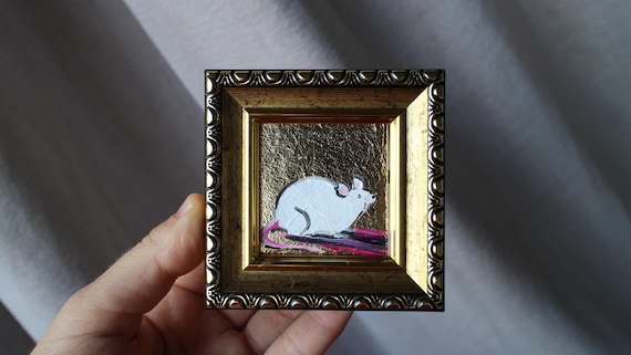 Gold Leaf Mouse Painting, Original Framed Oil Art (2x2)