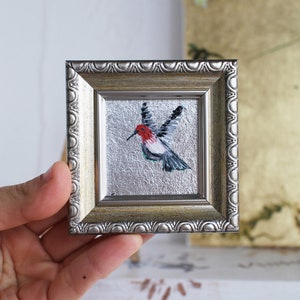 Hummingbird Oil Painting with Silver Gold Leaf: Framed Original Art (2x2 in)