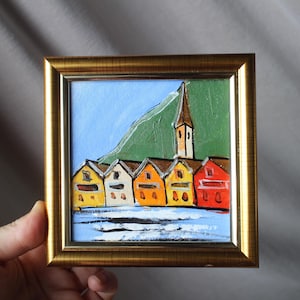 Bergen Norway cityscape street architecture castle original oil painting framed 4x4 in mountain oil sketch painting