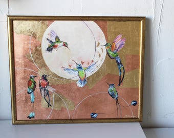 Colibrí (pintura al óleo): lienzo enmarcado con pan de oro (16 x 20) Loddigesia mirabilis Coqueta copetuda