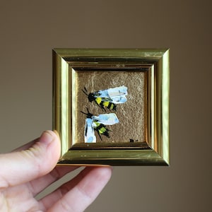 Bee Mini oil Painting framed original with gold leaf honeybee painting Handmade Miniature original oil painting bee Gift for Her