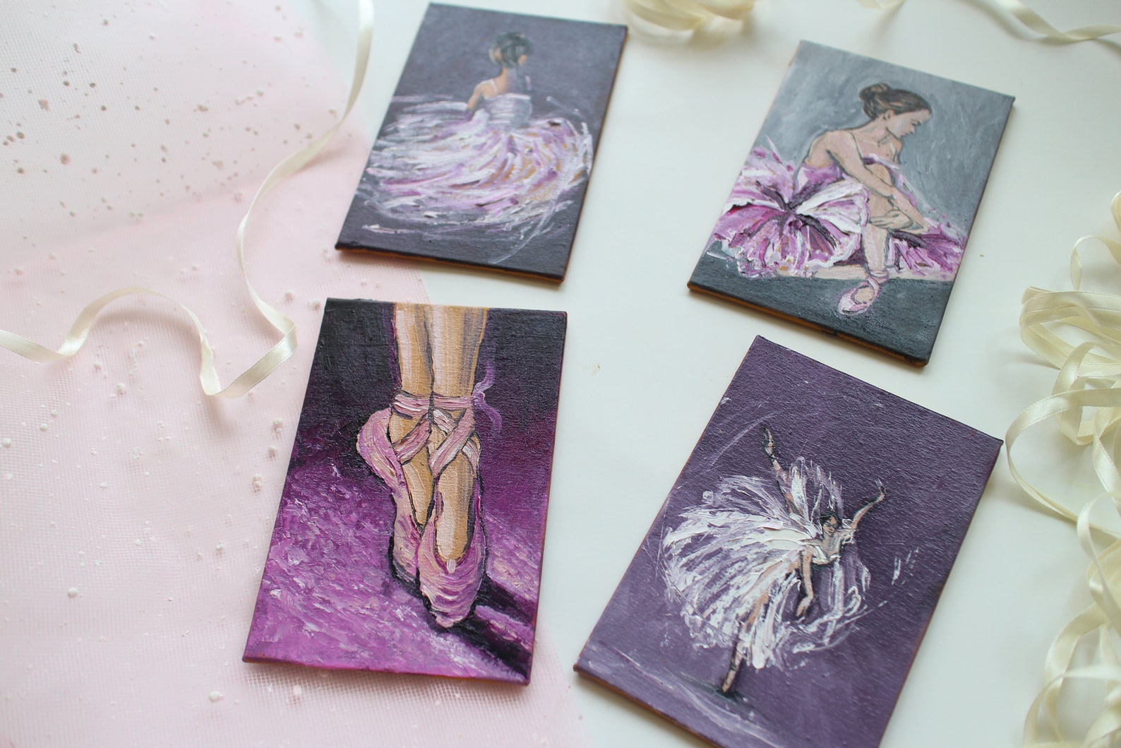 set for 4 painting, ballerina painting oil, ballet painting oil, dancer painting, ballet dancer art, mini painting, pointe shoes set for 4 painting, ballerina painting oil, ballet painting oil, dancer painting, ballet dancer art, mini painting, pointe shoes