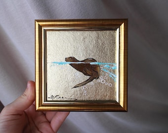 Loutre nage plongeant sous l'eau peinture à l'huile originale encadrée 4 x 4