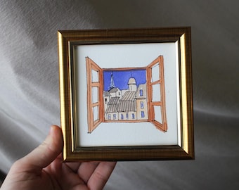 Framed Paris Rooftops Watercolor Painting: Eiffel Tower View, Small Wall Art