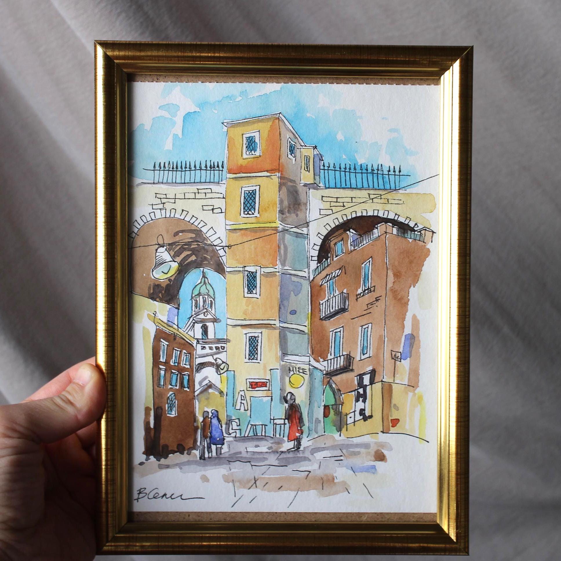 イタリア、ナポリの街並みを描いた絵画：額装済みオリジナル水彩画 