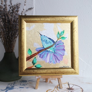 Hummingbird Green purple Woodnymph oil Painting with gold leaf original framed, gold Leaf Art, Gold Leaf Texture Wall Art Oil Painting