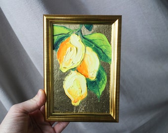 Lemon Citrus limon oil painting 4x6 with gold leaf original framed gift under 50 Kitchen art food Small Vegetables Fine Art