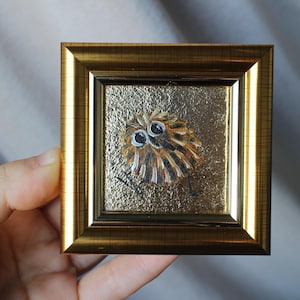 Retrato de búho, pintura al óleo, pintura original enmarcada con pan de oro de 2x2, pintura de búho, ilustración original enmarcada, decoración del hogar, arte de pared