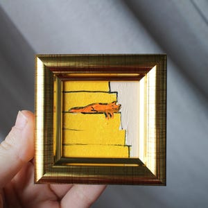 Miniature Orange Cat sleeping on the stairs  Oil Painting: Handmade Framed Art (2x2 in)