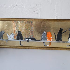 Cuadro al óleo de gato negro con pan de oro 18*50 cm cuadro original enmarcado Cuadro de gato negro original enmarcado