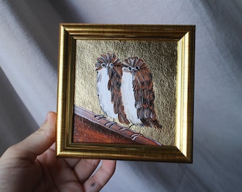フクロウ愛好家の肖像画油絵オリジナル額入り金箔4x4イラストホーム