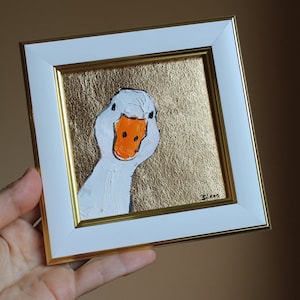 Retrato de ganso blanco Anser, pintura al óleo con pan de oro, pintura original enmarcada, pintura de gansos blancos, ilustración original enmarcada, decoración del hogar