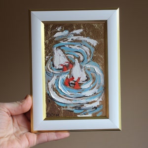 Ganso blanco nadando Pintura al óleo original 4x6 pintura enmarcada pintura de gansos blancos ilustración enmarcada original decoración del hogar arte de pared