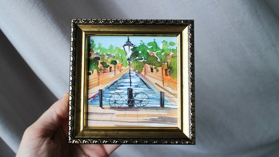 Framed Amsterdam Canal Watercolor Painting: Holland Small Wall Art (4x4 inch)