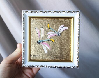 Dragonfly Miniature oil Painting framed original with gold leaf dragonfly painting Handmade Miniature original oil painting Gift for Her