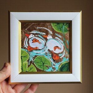 Anser óleo de ganso blanco Pintura original pintura enmarcada nenúfares gansos blancos pintura original enmarcada ilustración decoración del hogar arte de la pared