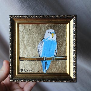 Pintura al óleo de periquito original enmarcada de 4x4, pintura de periquito, periquito de concha, pintura al óleo de pájaros exóticos, loros