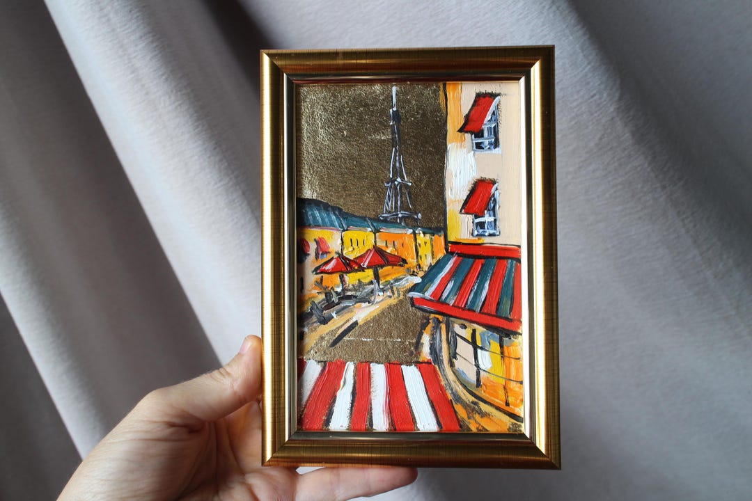 Paris Cafe Eiffel Tower Oil Painting Original With Gold Leaf Framed 4x6 ...