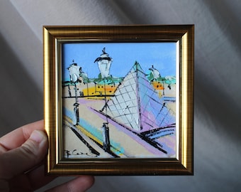 Paris Louvre oil Painting framed 4x4 original The Louvre Palace and the pyramid cityscape Original Small Oil Painting gift under 40