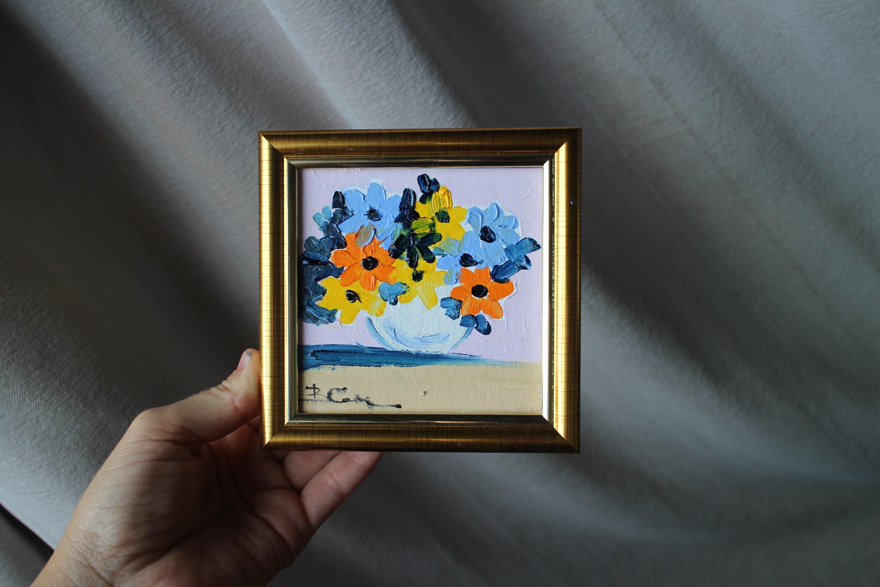 Floral Oil Painting Framed Original 4x4 Bouquet Oil Painting