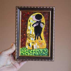 Le chat amoureux du baiser par Gustav Klimt encadré peinture à l&#39;huile originale Gustav Klimt mini-peinture peinture romantique peinture à l&#39;huile classique