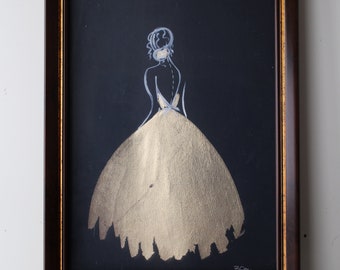 Gold Leaf Ballerina Painting, Framed Nursery Wall Art