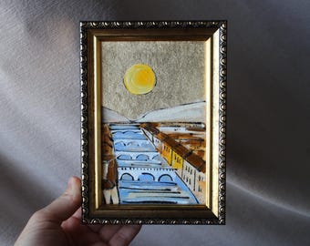 Florence sunset oil painting original gold leaf painting framed 4x6 Florence sketch Painting Florence Wall Art Decor gift