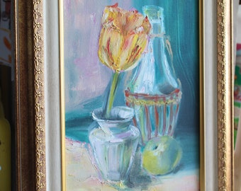 Ingelijst olieverfschilderij gele tulp: bloemstilleven