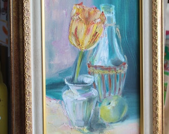 Floral yellow tulip oil painting original framed Still life Oil painting flower Framed painting Painting flowers wall art Bouquet painting