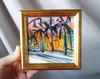 Hollywood Sunset Oil Painting original, Framed California Cityscape Art (4x4 in)