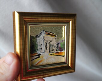 パリ凱旋門の絵画：ミニ油絵、金箔額入り都市風景画、2x2 - Etsy 日本