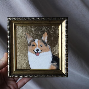 Welsh Corgis Ölgemälde 4x4 mit Blattgold original gerahmter Hund Welpe Malerei Hundeportrait